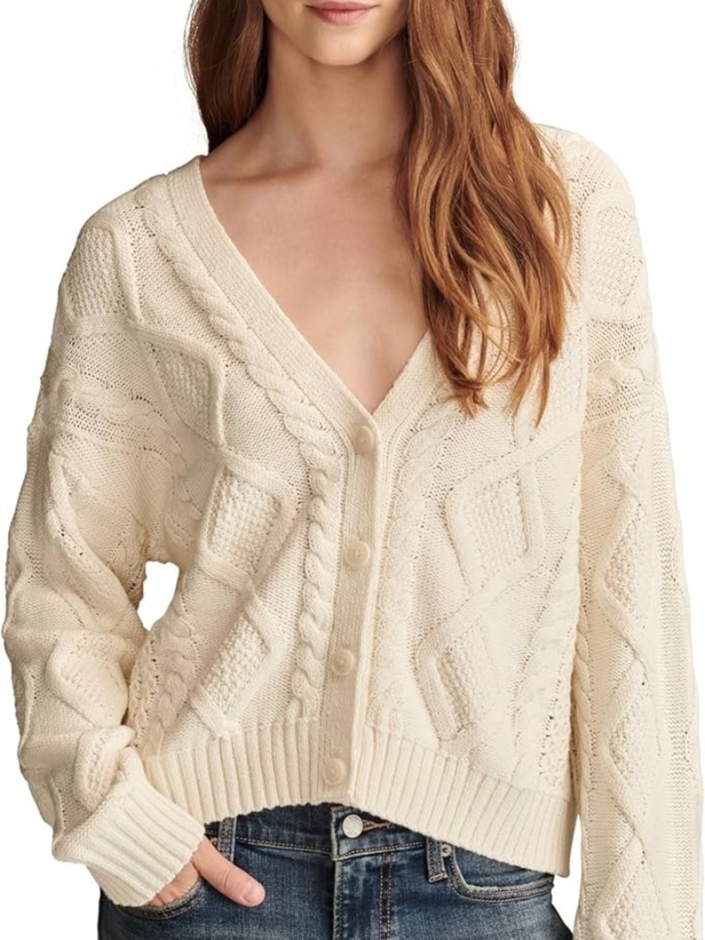 NWT Lucky Brand 100% Cotton Cable Knit V-Neck Cardigan Small